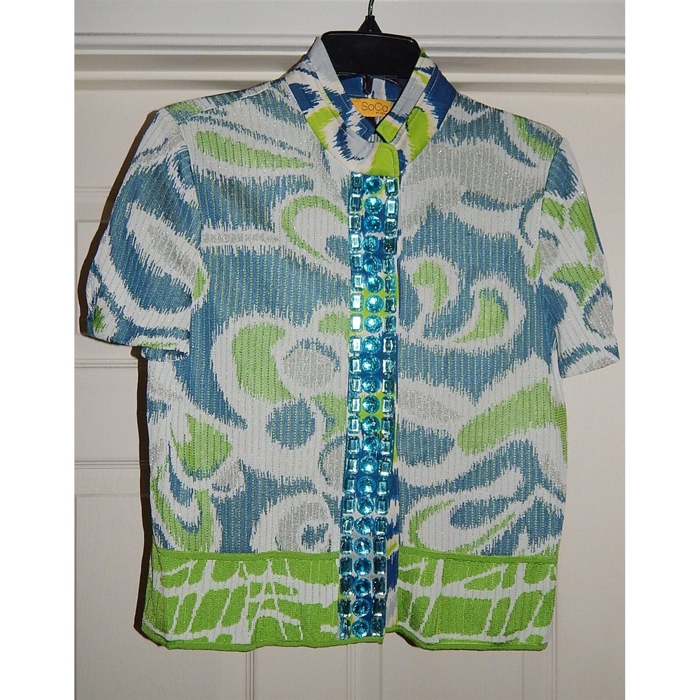 St John SoCa sz S Blue‎ Green Silver Jeweled Jacket